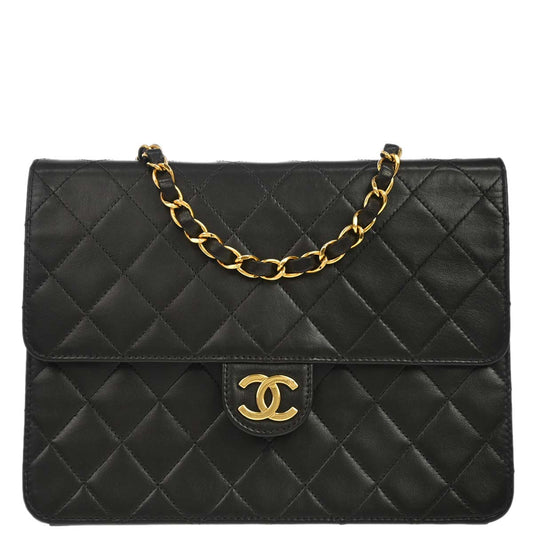 Chanel 1997-1999 Black Lambskin Pushlock Small Half Flap Shoulder Bag