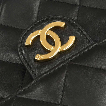Chanel 1997-1999 Black Lambskin Pushlock Small Half Flap Shoulder Bag