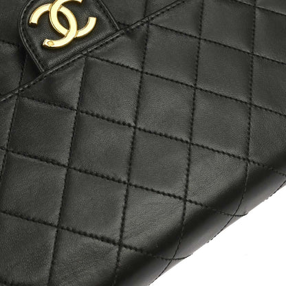 Chanel 1997-1999 Black Lambskin Pushlock Small Half Flap Shoulder Bag