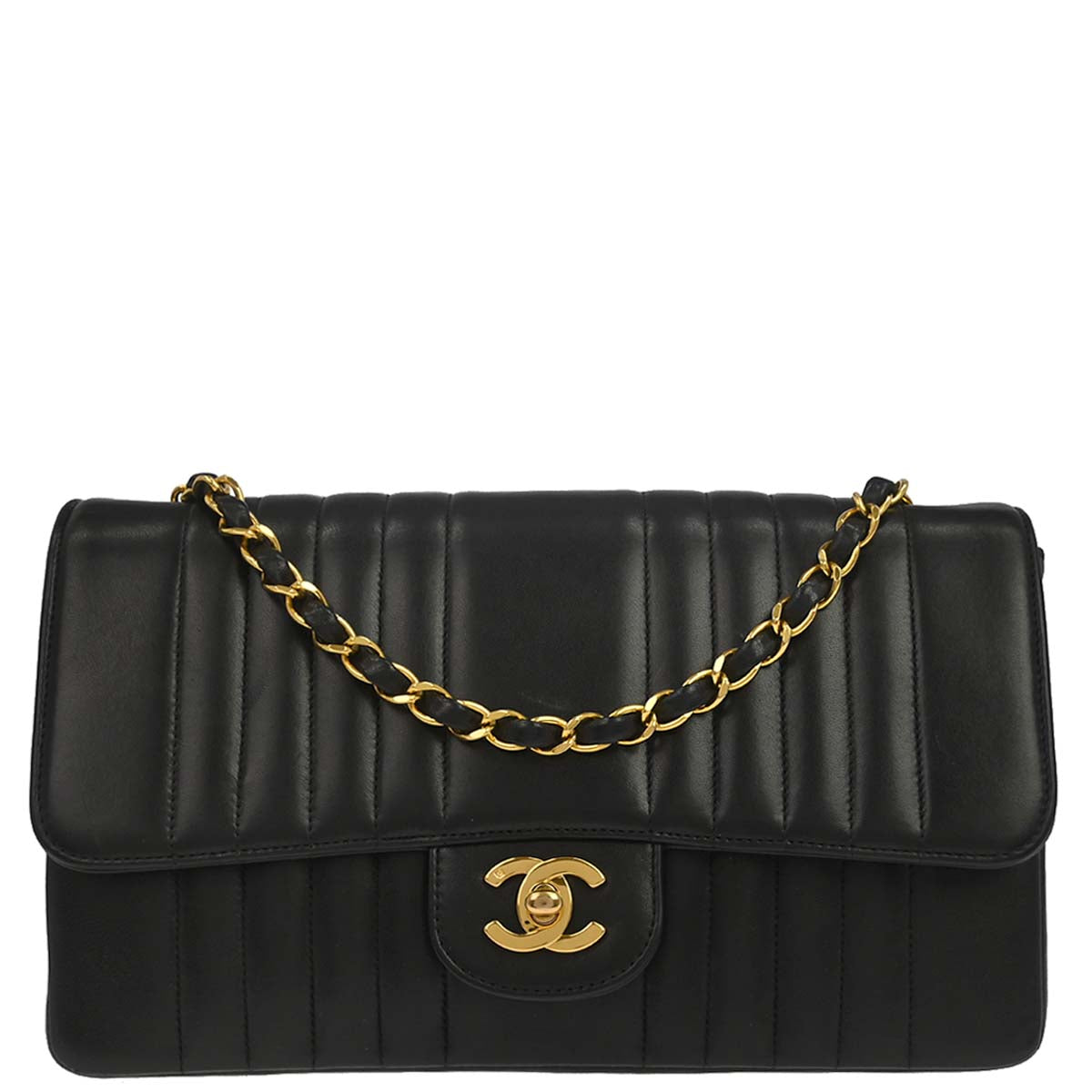 Chanel 1991-1994 Black Lambskin Mademoiselle Single Flap Shoulder Bag