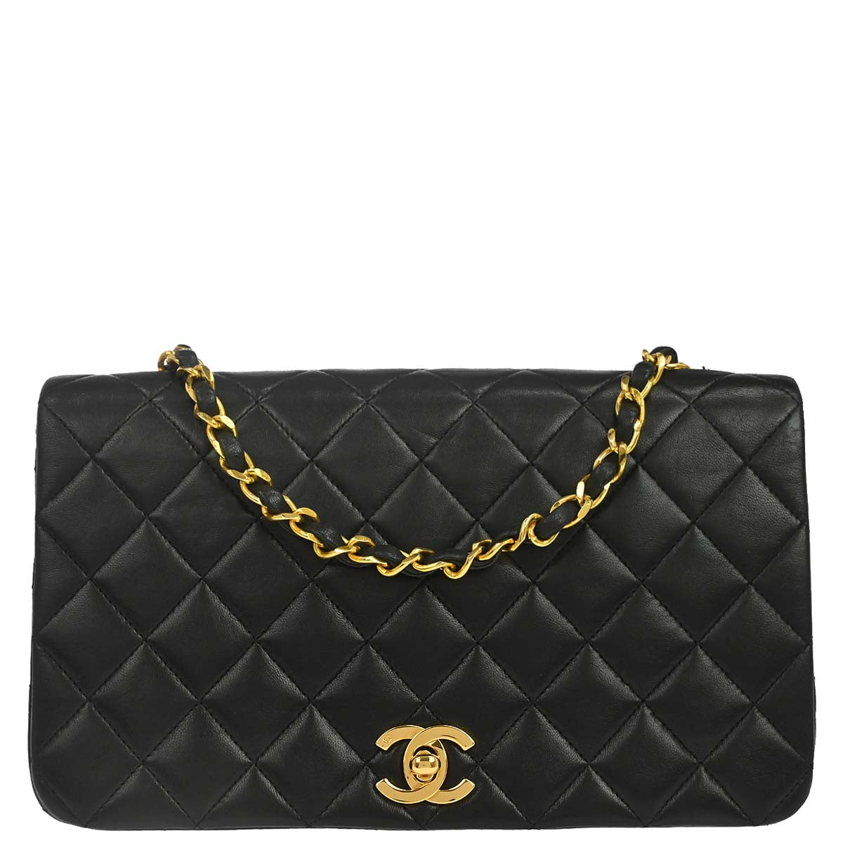 Chanel 1989-1991 Black Lambskin Turnlock Small Full Flap Shoulder Bag