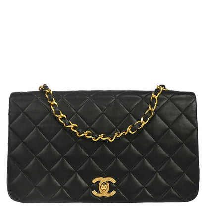 Chanel 1989-1991 Black Lambskin Turnlock Small Full Flap Shoulder Bag