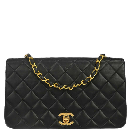 Chanel 1989-1991 Black Lambskin Turnlock Small Full Flap Shoulder Bag
