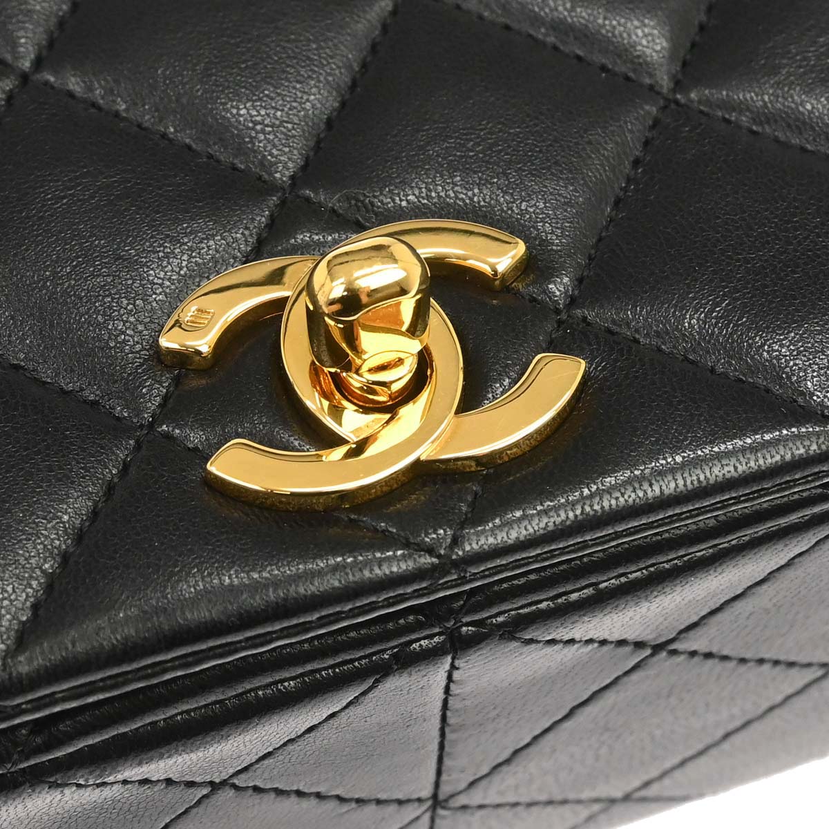 Chanel 1989-1991 Black Lambskin Turnlock Small Full Flap Shoulder Bag
