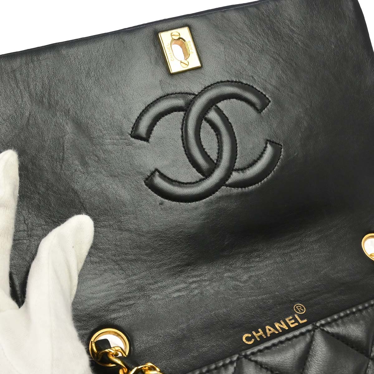 Chanel 1989-1991 Black Lambskin Turnlock Small Full Flap Shoulder Bag