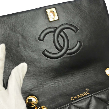 Chanel 1989-1991 Black Lambskin Turnlock Small Full Flap Shoulder Bag