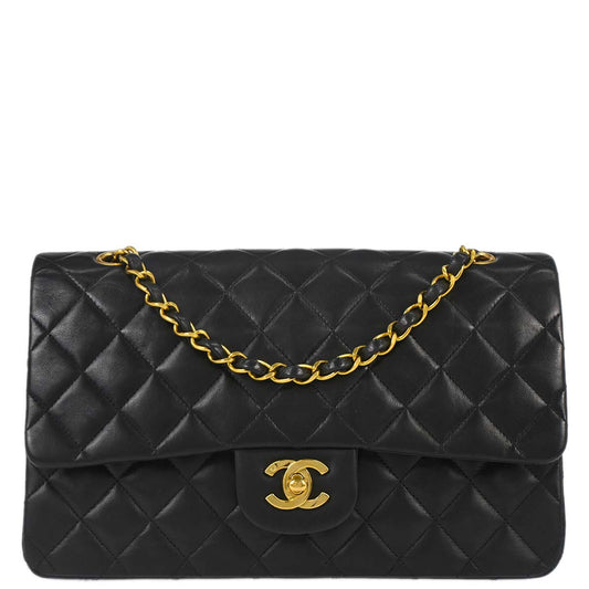 Chanel 1997-1999 Black Lambskin Medium Classic Double Flap Shoulder Bag