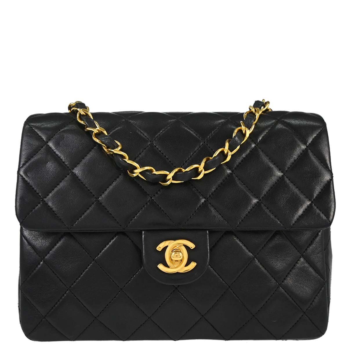 Chanel 1989-1991 Black Lambskin Classic Square Flap Shoulder Bag 20