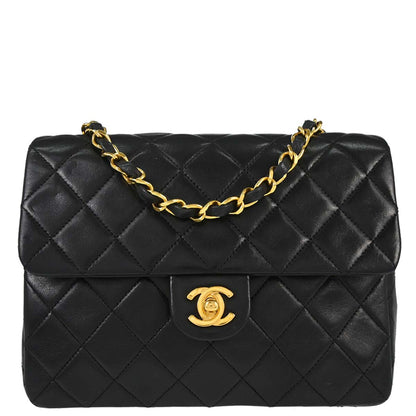 Chanel 1989-1991 Black Lambskin Classic Square Flap Shoulder Bag 20