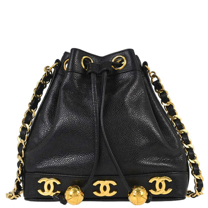 Chanel 1991-1994 Black Caviar Skin Triple CC Drawstring Shoulder Bag
