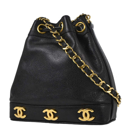 Chanel 1991-1994 Black Caviar Skin Triple CC Drawstring Shoulder Bag