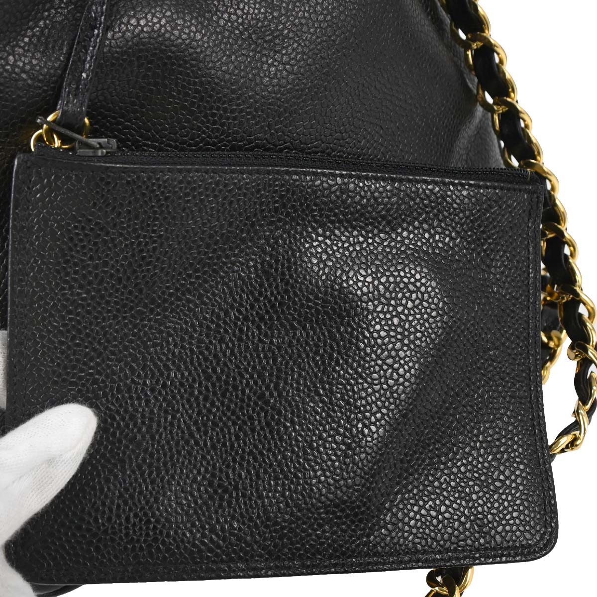 Chanel 1991-1994 Black Caviar Skin Triple CC Drawstring Shoulder Bag