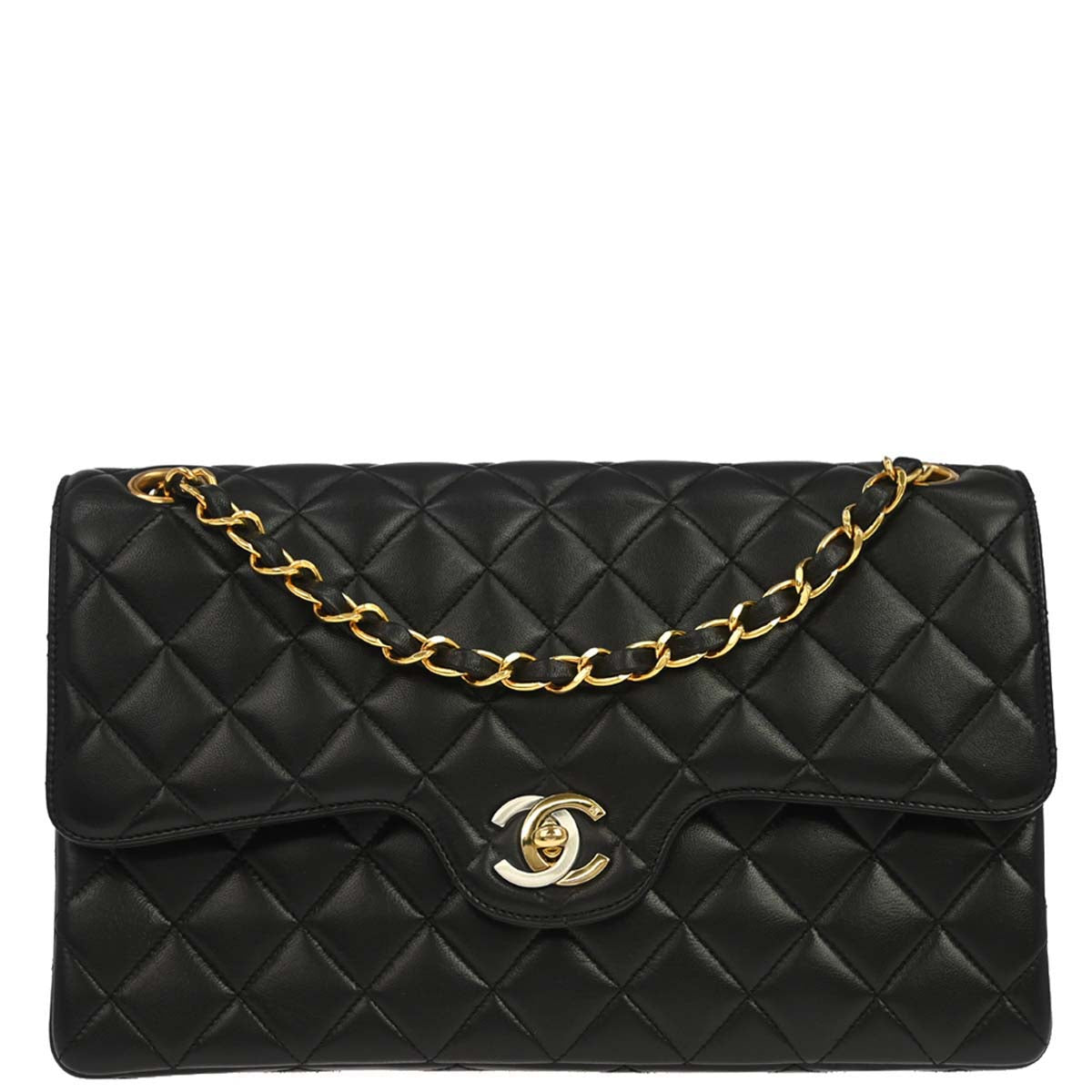 Chanel 1994-1996 Black Lambskin Paris Medium Double Flap Shoulder Bag