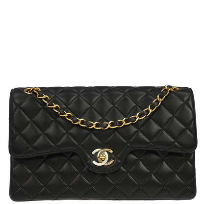 Chanel 1994-1996 Black Lambskin Paris Medium Double Flap Shoulder Bag