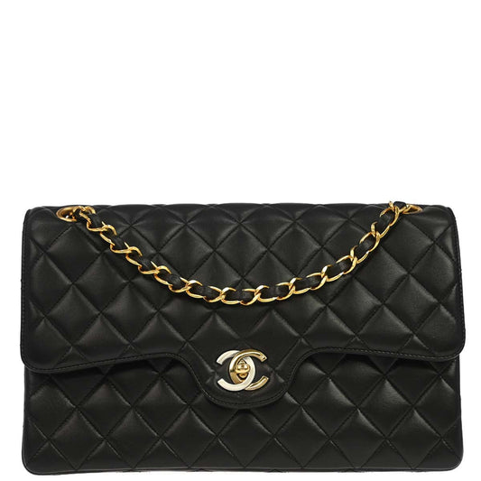 Chanel 1994-1996 Black Lambskin Paris Medium Double Flap Shoulder Bag