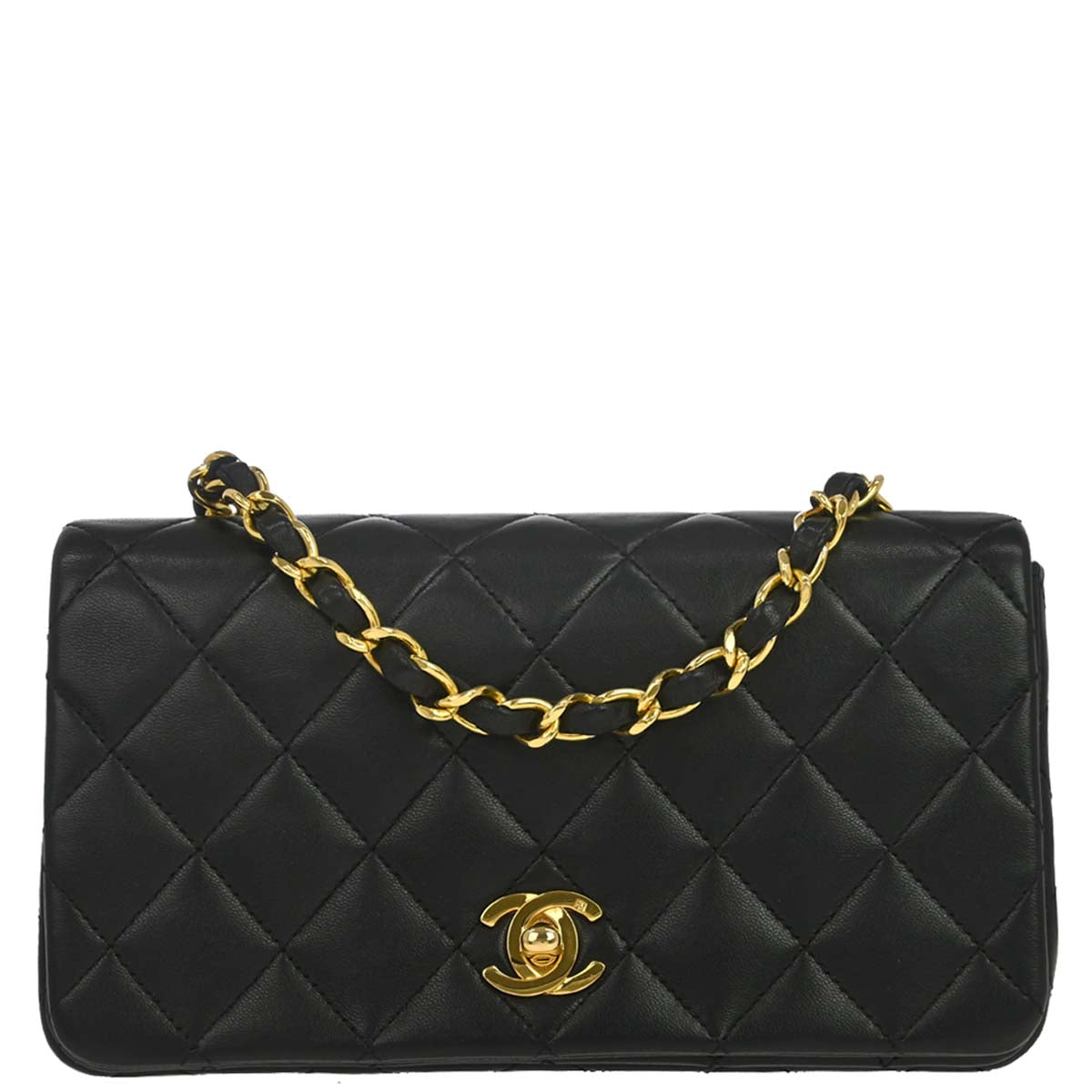 Chanel 1989-1991 Black Lambskin Turnlock Mini Full Flap Shoulder Bag