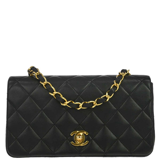 Chanel 1989-1991 Black Lambskin Turnlock Mini Full Flap Shoulder Bag