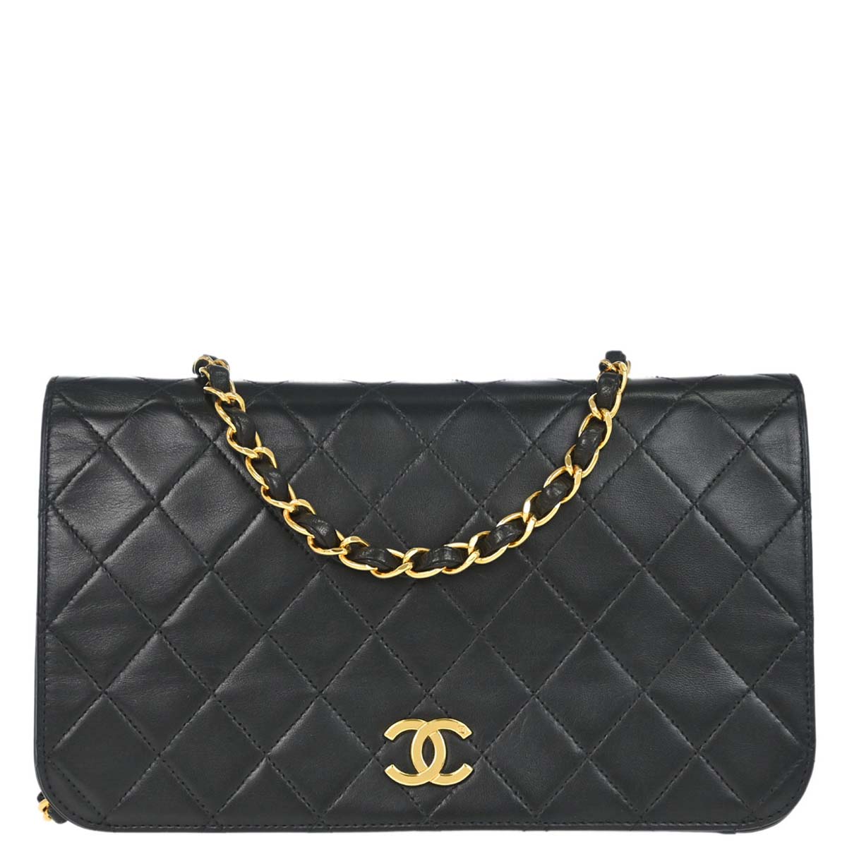 Chanel 1997-1999 Black Lambskin Pushlock Small Full Flap Shoulder Bag