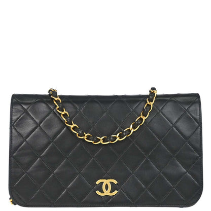Chanel 1997-1999 Black Lambskin Pushlock Small Full Flap Shoulder Bag