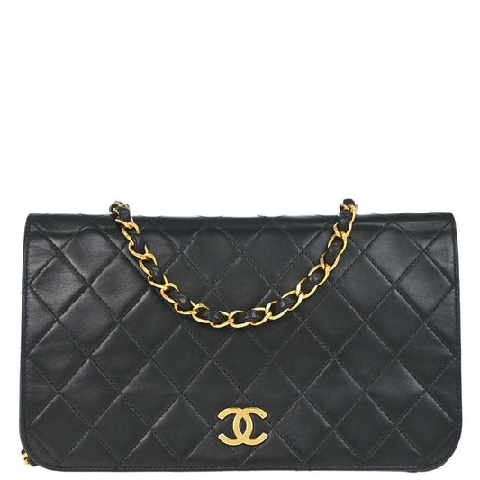 Chanel 1997-1999 Black Lambskin Pushlock Small Full Flap Shoulder Bag