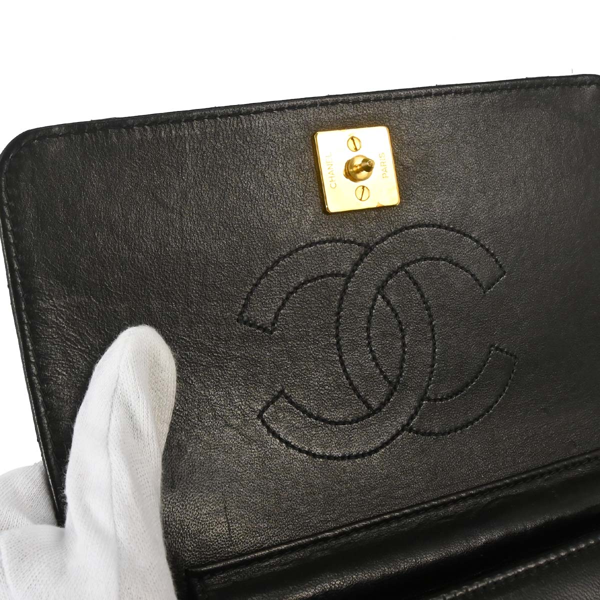 Chanel 1996-1997 Black Lambskin Pushlock Mini Full Flap Shoulder Bag