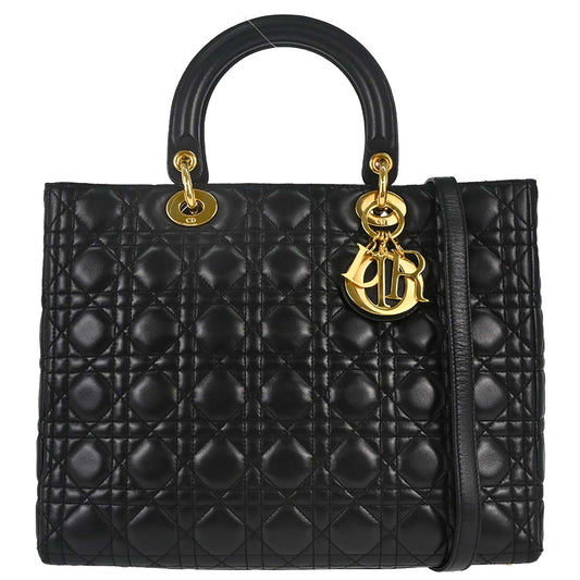 Christian Dior Black Lambskin Large Lady Dior Cannage 2way Shoulder Handbag