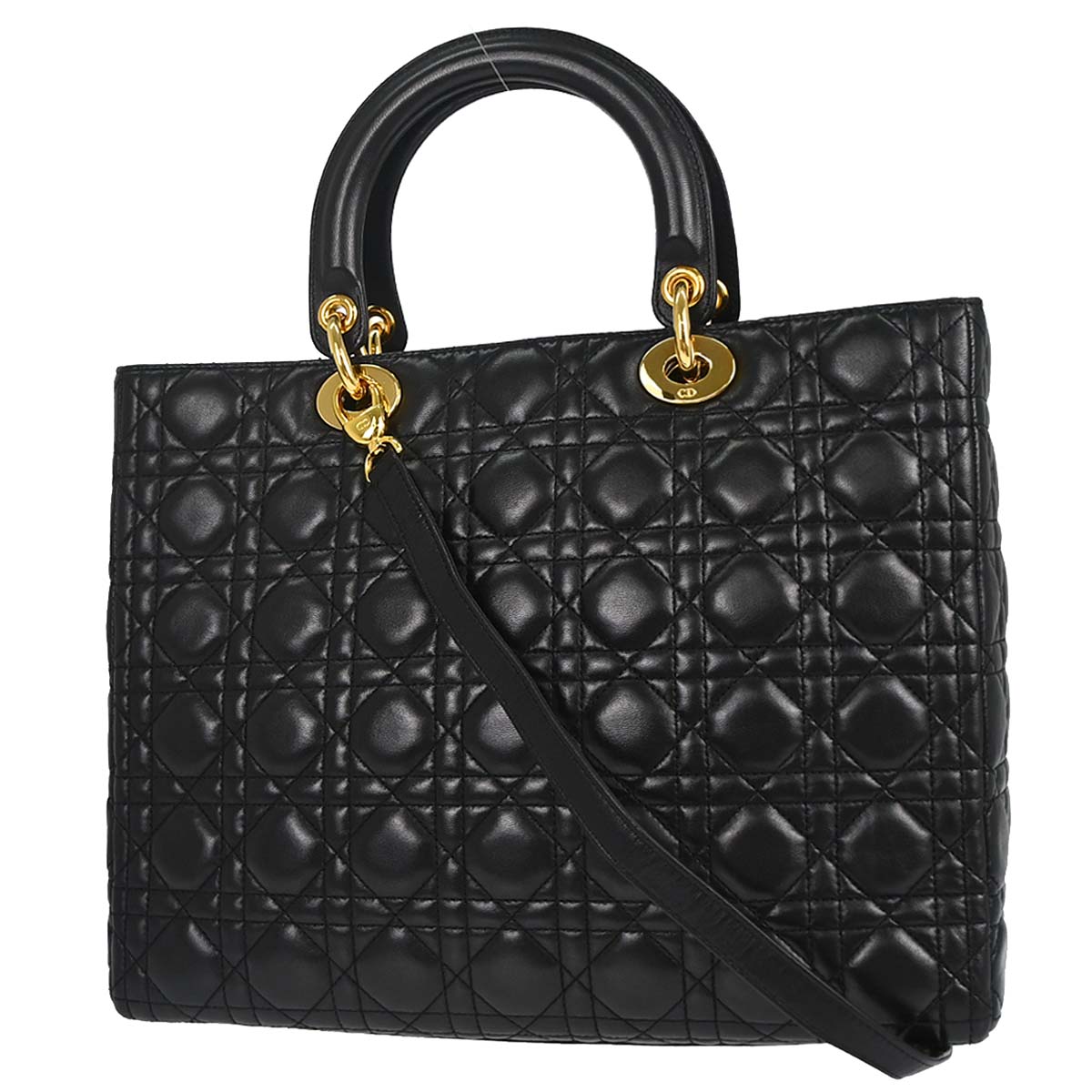 Christian Dior Black Lambskin Large Lady Dior Cannage 2way Shoulder Handbag