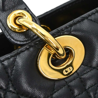Christian Dior Black Lambskin Large Lady Dior Cannage 2way Shoulder Handbag