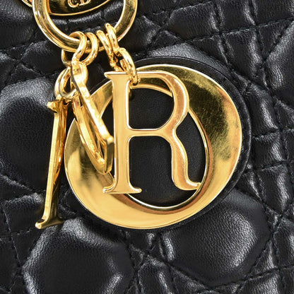 Christian Dior Black Lambskin Large Lady Dior Cannage 2way Shoulder Handbag
