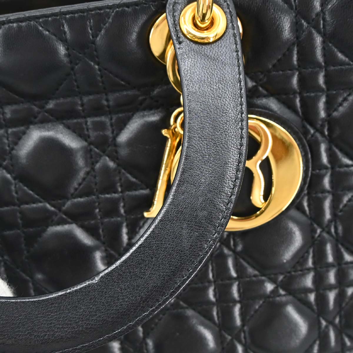 Christian Dior Black Lambskin Large Lady Dior Cannage 2way Shoulder Handbag