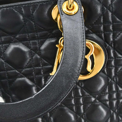 Christian Dior Black Lambskin Large Lady Dior Cannage 2way Shoulder Handbag