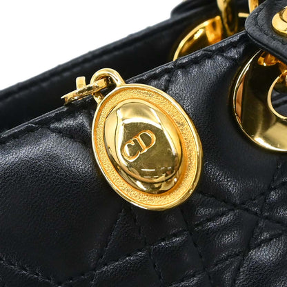 Christian Dior Black Lambskin Large Lady Dior Cannage 2way Shoulder Handbag