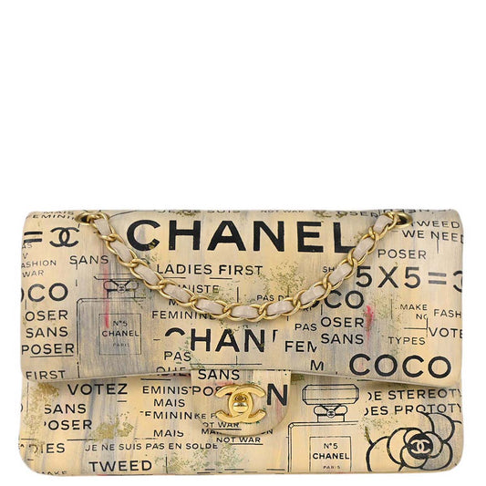 Chanel 2015-2016 Beige Lambskin Limited Newspaper Medium Classic Double Flap Bag