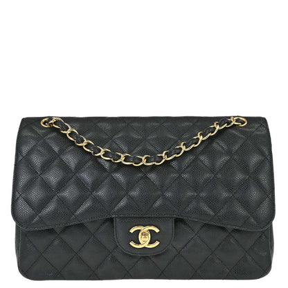 Chanel 2014 Black Caviar Skin Jumbo Classic Double Flap Shoulder Bag