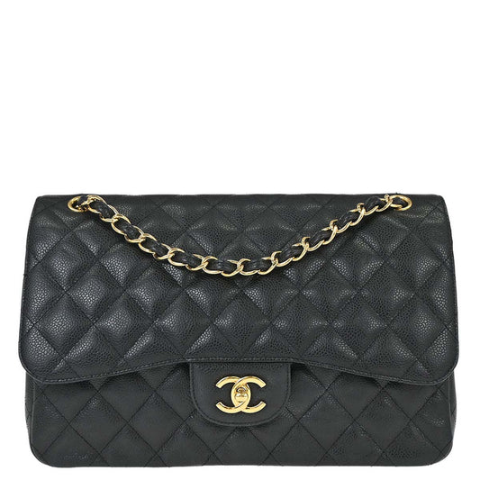 Chanel 2014 Black Caviar Skin Jumbo Classic Double Flap Shoulder Bag