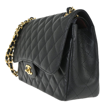Chanel 2014 Black Caviar Skin Jumbo Classic Double Flap Shoulder Bag