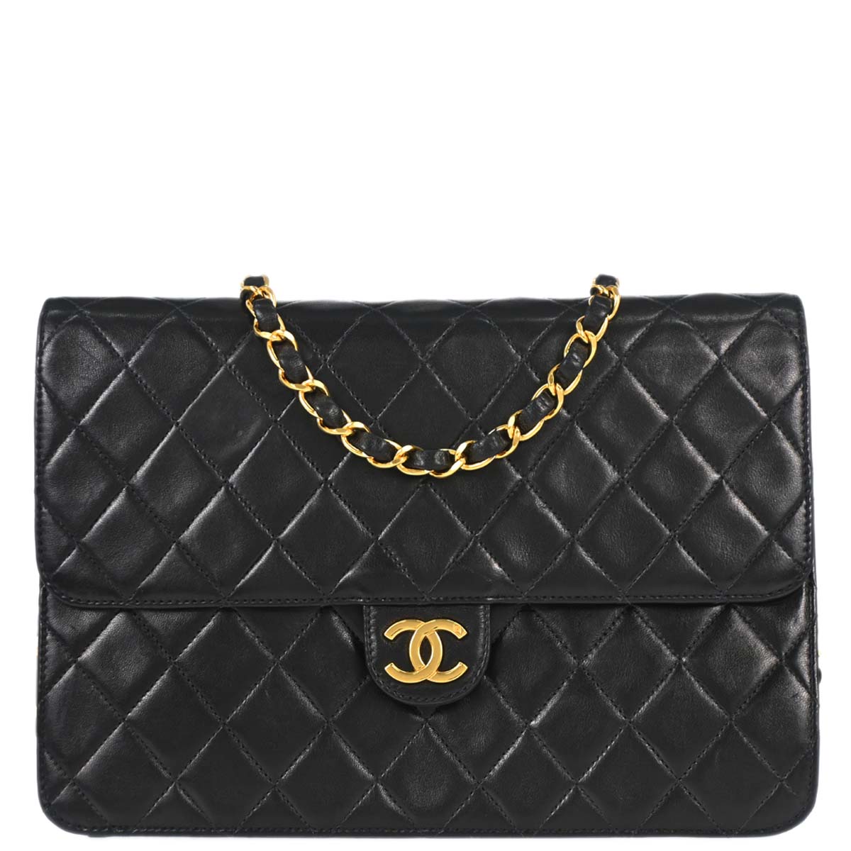 Chanel 1996-1997 Black Lambskin Pushlock Medium Half Flap Shoulder Bag