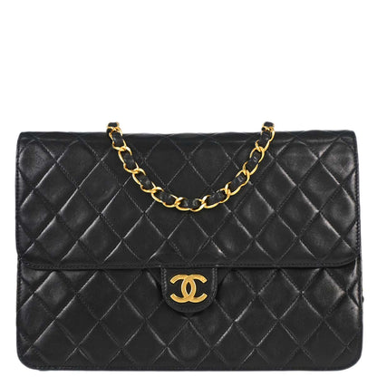 Chanel 1996-1997 Black Lambskin Pushlock Medium Half Flap Shoulder Bag