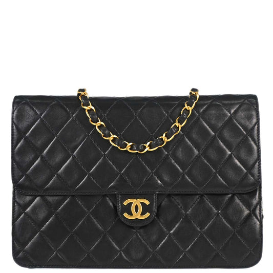 Chanel 1996-1997 Black Lambskin Pushlock Medium Half Flap Shoulder Bag
