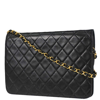 Chanel 1996-1997 Black Lambskin Pushlock Medium Half Flap Shoulder Bag