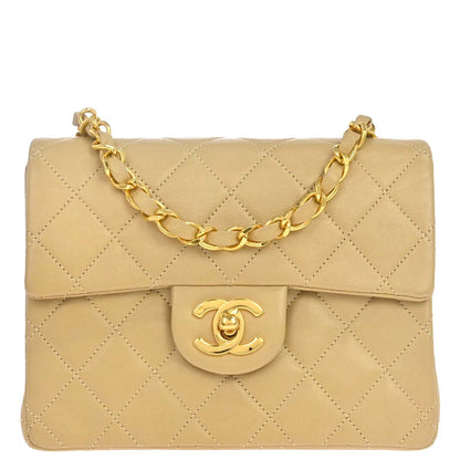 Chanel 1989-1991 Beige Lambskin Mini Classic Square Flap Shoulder Bag 17