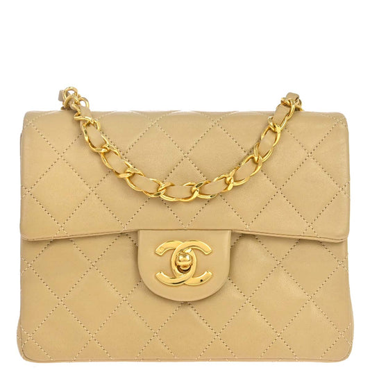 Chanel 1989-1991 Beige Lambskin Mini Classic Square Flap Shoulder Bag 17