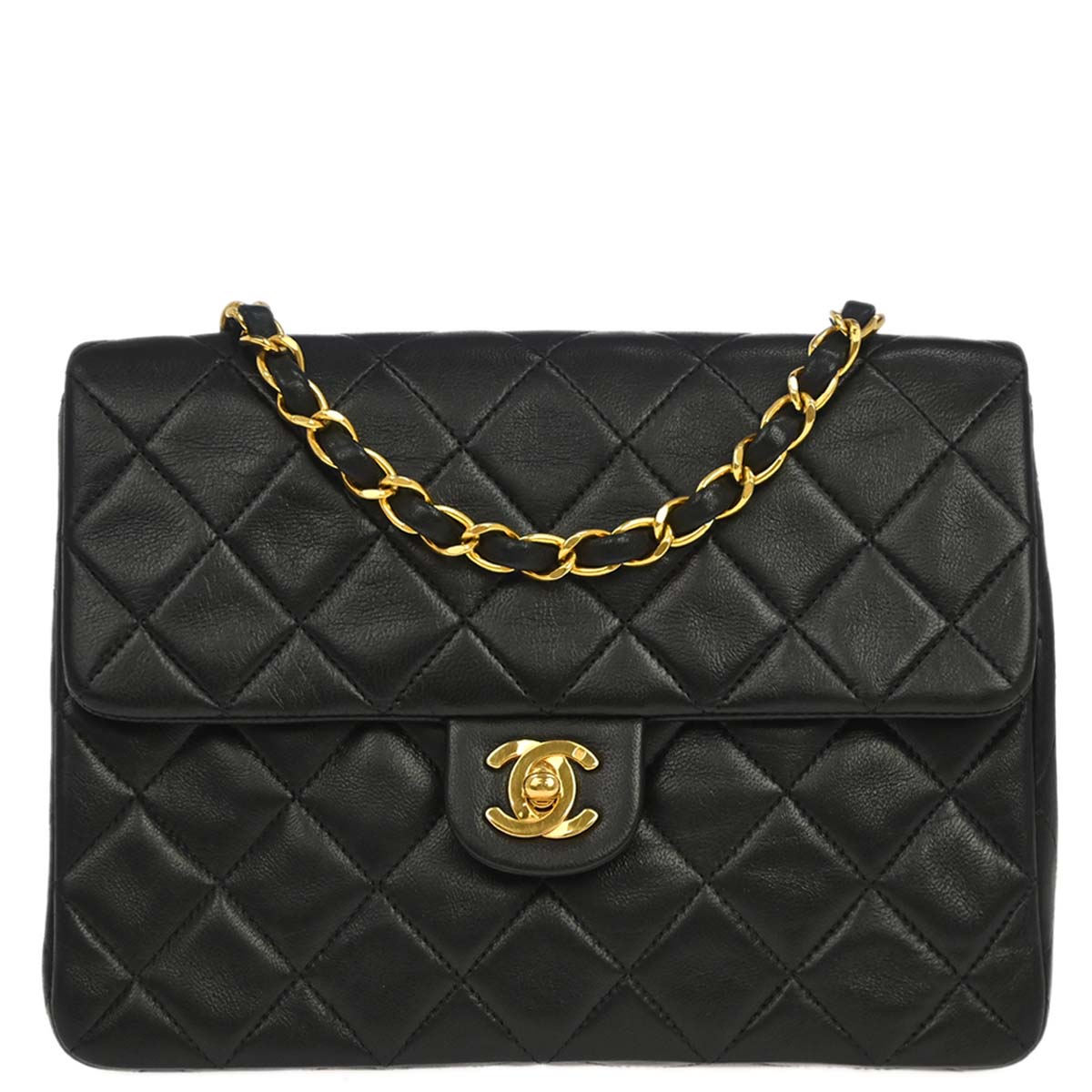 Chanel 1991-1994 Black Lambskin Classic Square Flap Shoulder Bag 20