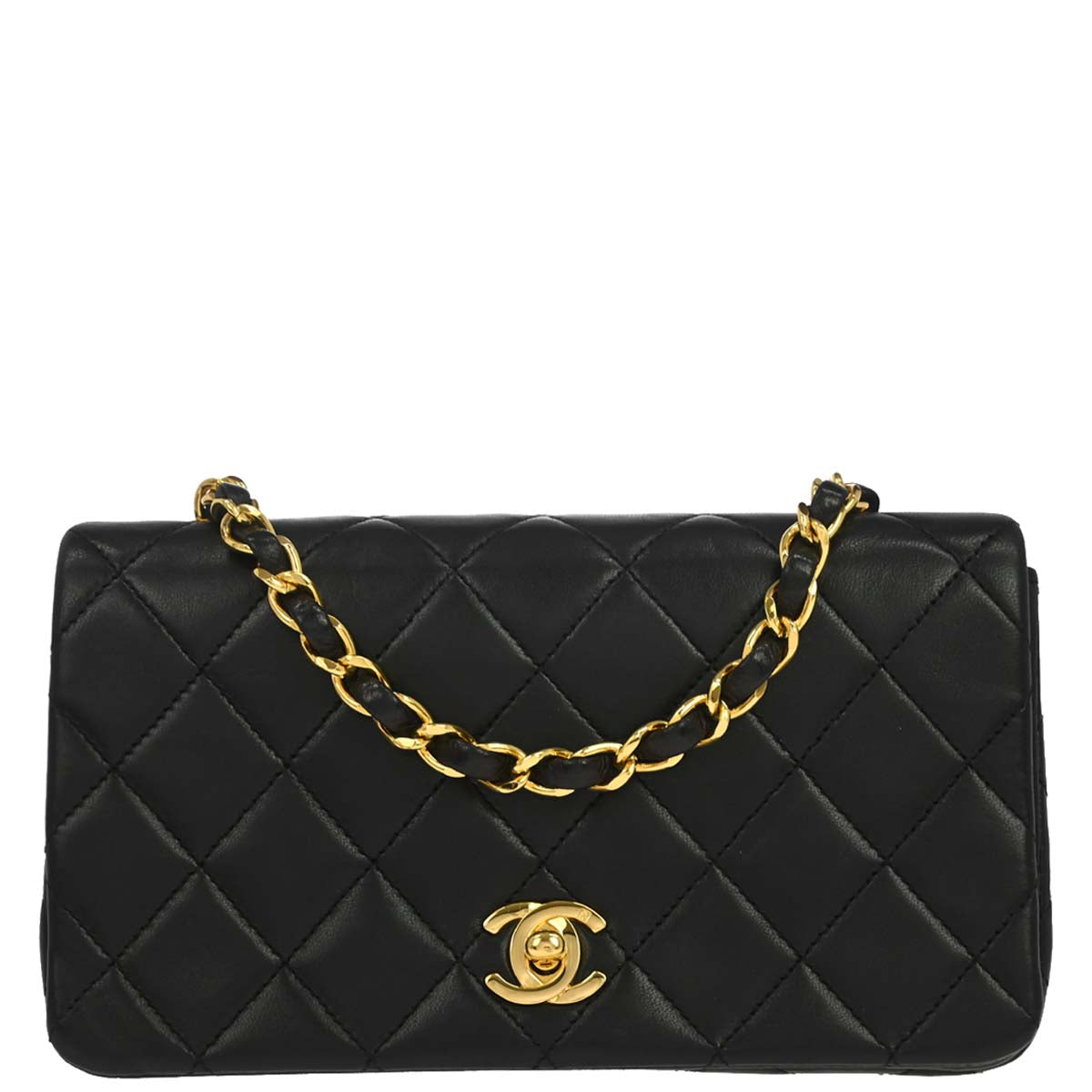 Chanel 1989-1991 Black Lambskin Turnlock Mini Full Flap Shoulder Bag