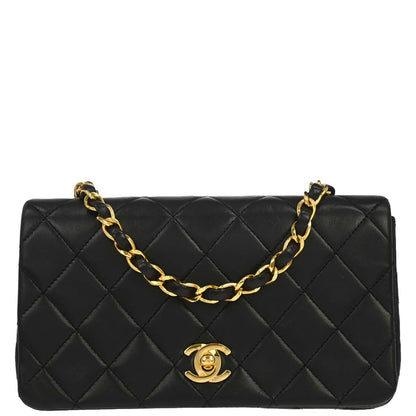 Chanel 1989-1991 Black Lambskin Turnlock Mini Full Flap Shoulder Bag