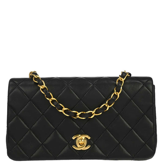 Chanel 1989-1991 Black Lambskin Turnlock Mini Full Flap Shoulder Bag