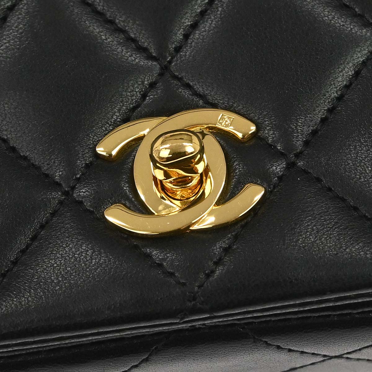 Chanel 1989-1991 Black Lambskin Turnlock Mini Full Flap Shoulder Bag