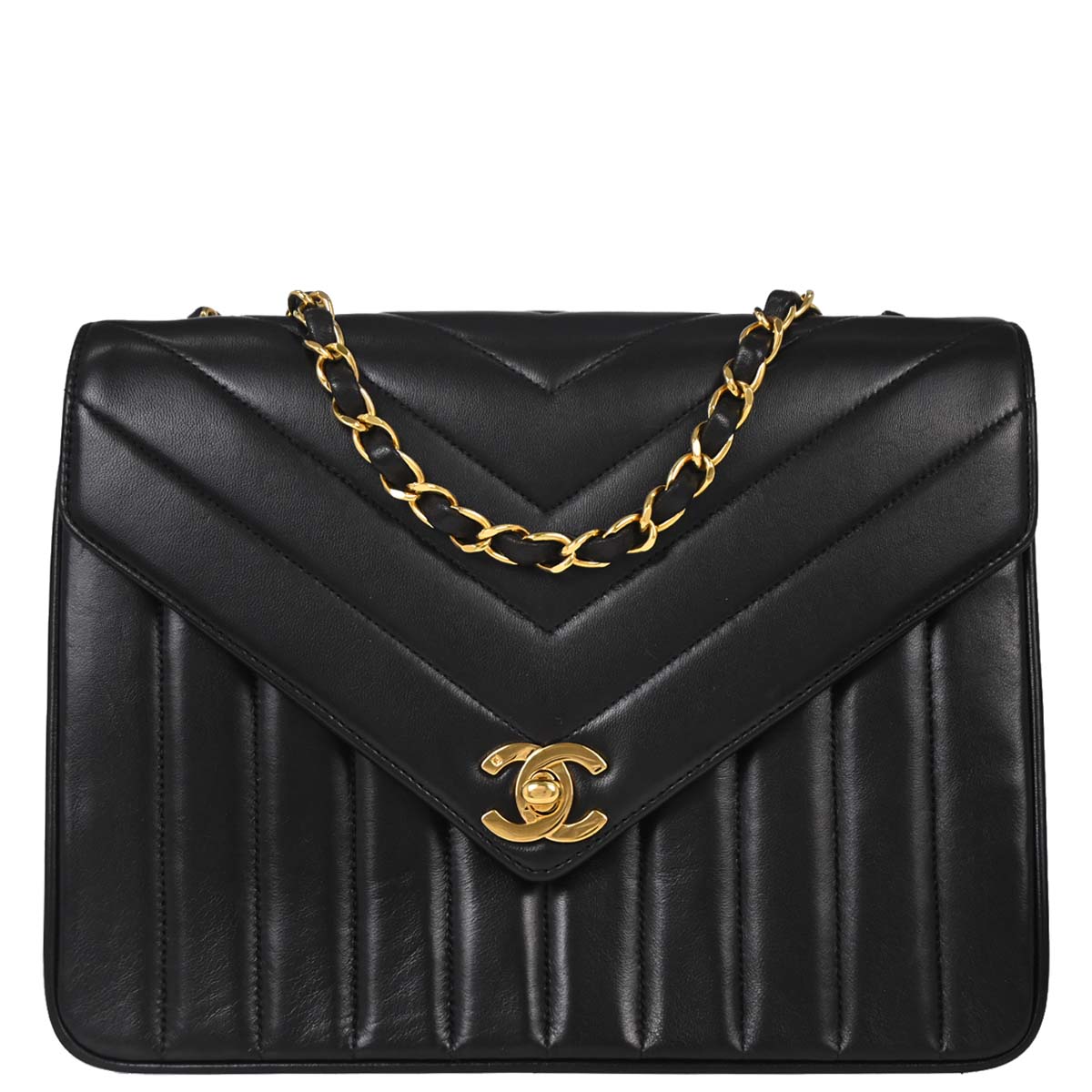 Chanel 1991-1994 Black Lambskin Chevron Mademoiselle Single Flap Shoulder Bag