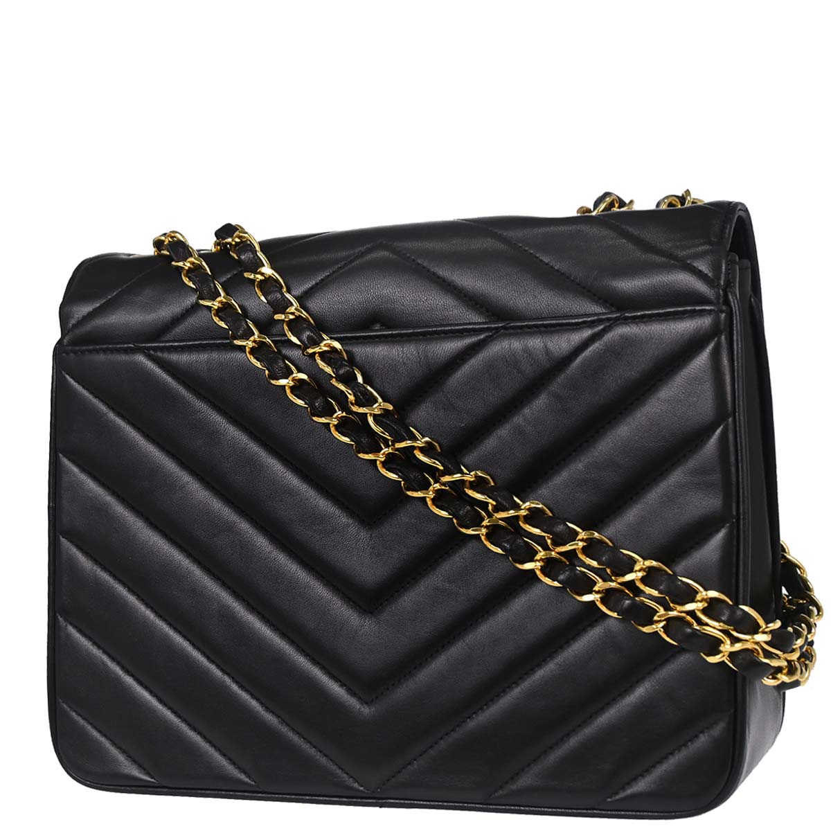 Chanel 1991-1994 Black Lambskin Chevron Mademoiselle Single Flap Shoulder Bag