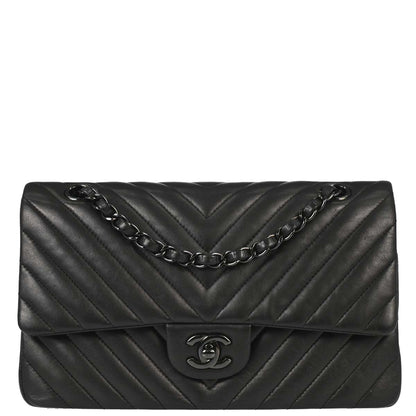 Chanel 2015-2016 Black Lambskin Chevron Medium Classic Double Flap Shoulder Bag